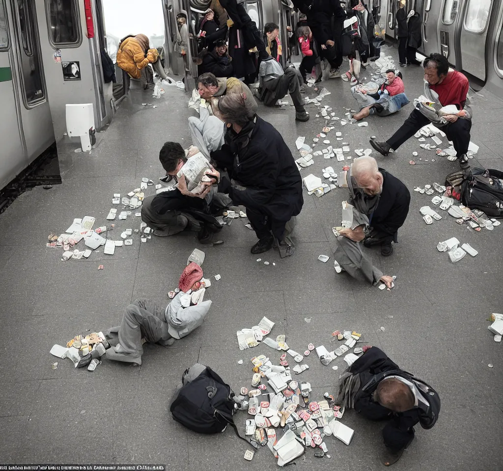 Image similar to this man was counting tablets, then he dropped them on the floor. he asked the woman next to him if the train floor had been poisoned. she didn't know, but told him that perhaps if the air had been poisoned that it didn't matter, but if the floor had been cleaned with water, then perhaps the water had been poisoned