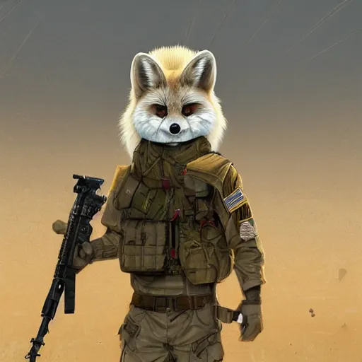 Image similar to full view fluffy fennec fox dressed in a modern american military soldier uniform, fennec fox head, in apocalyptic wasteland, portrait, artstation