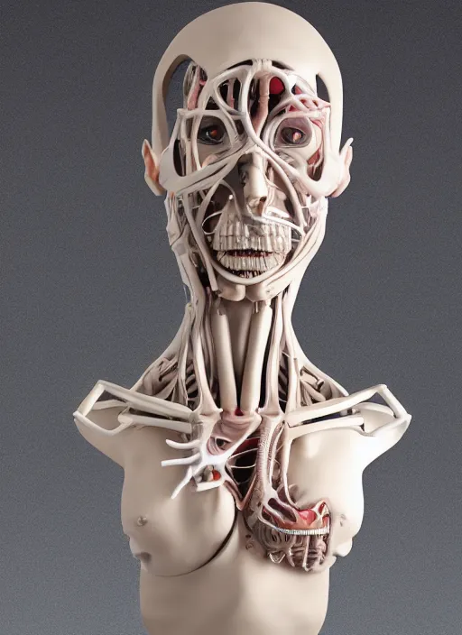 Image similar to a bust sculpture of anatomical female detailed cyborg, become human, ceramic base, orthographic, studio lighting
