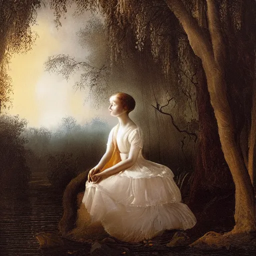 Prompt: girl in white dress sits by a pond in an apocalyptic dark forest at night, by john martin