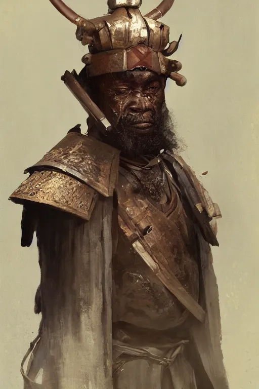 Image similar to a full body fantasty portrat, oil painting, illustration of an old African samurai, by Justin Sweet and Greg Rutkowski and Alphones Much