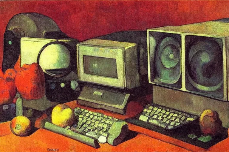 Prompt: still life painting of vintage computers by Paul Gauguin, oil on canvas, strong lighting, highly detailed, hyper realism, HD, 4K