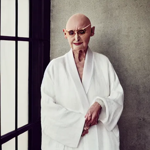 Prompt: Photo of an 80 year old woman, bald head, frail, gold sclera, white linen robe, editorial fashion photography, from Vogue magazine