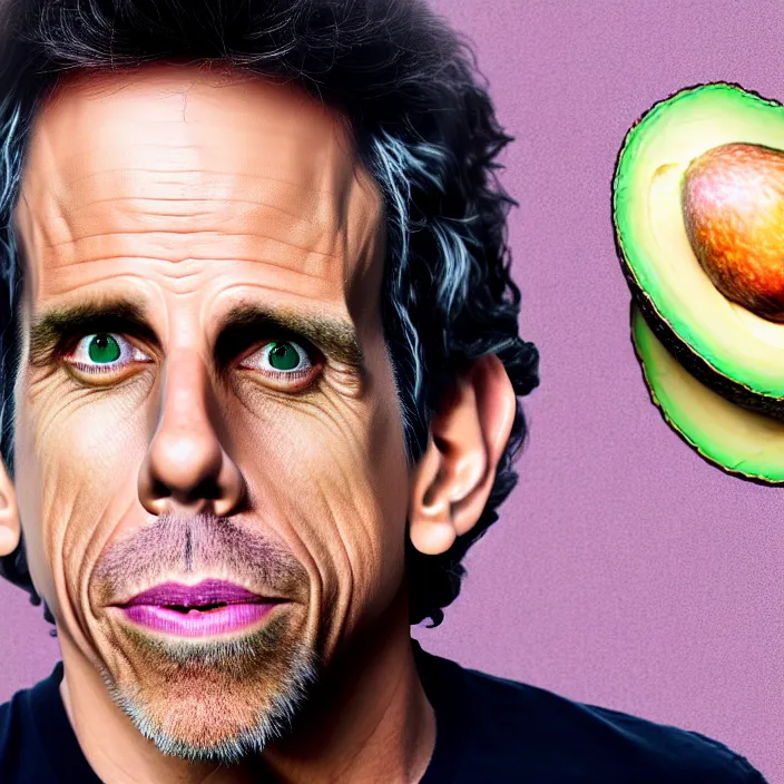 Image similar to ultra realistic illustration of ben stiller in the shape of an a ocado, centered, double exposure, in the lotus position meditating with closed eyes, balancing stack of avocado, symmetrical, beautiful painting