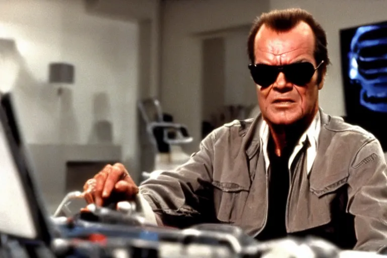 Prompt: Jack Nicholson plays Terminator, scene where he uses computer, still from the film