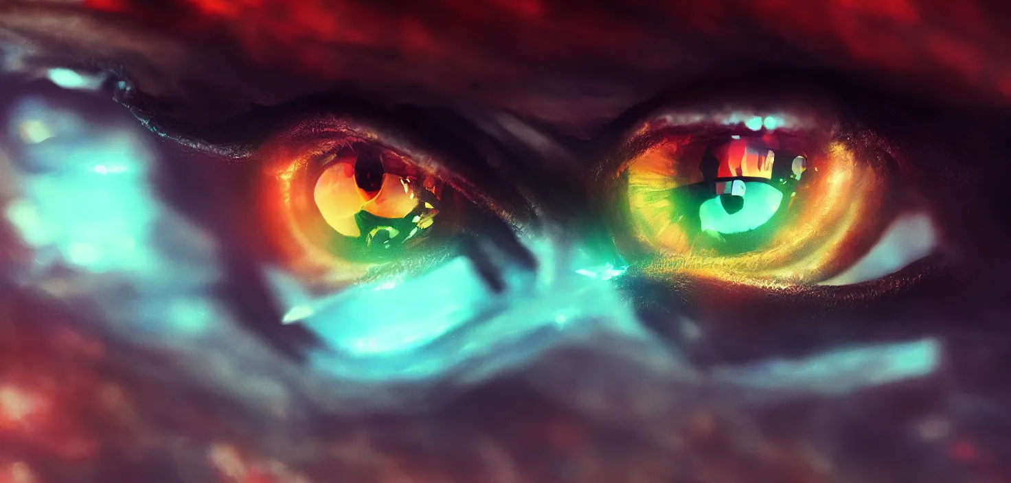 Image similar to dragon eye, rich moody colors, closeup, bokeh, artstation