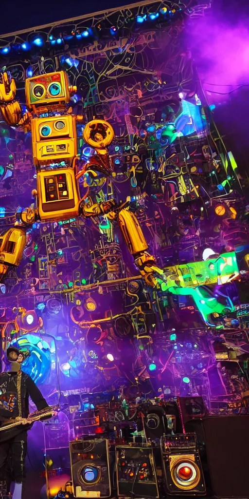 Image similar to a selfie of a happy robot in frront of an outdoor festival stage with audience, on stage is a rockband with 3 steampunk robots with guitars and drums, center of the stage is a big steampunk generator, laser show, 8 k, fluorescent colors, halluzinogenic, multicolored, exaggerated detailed, unreal engine