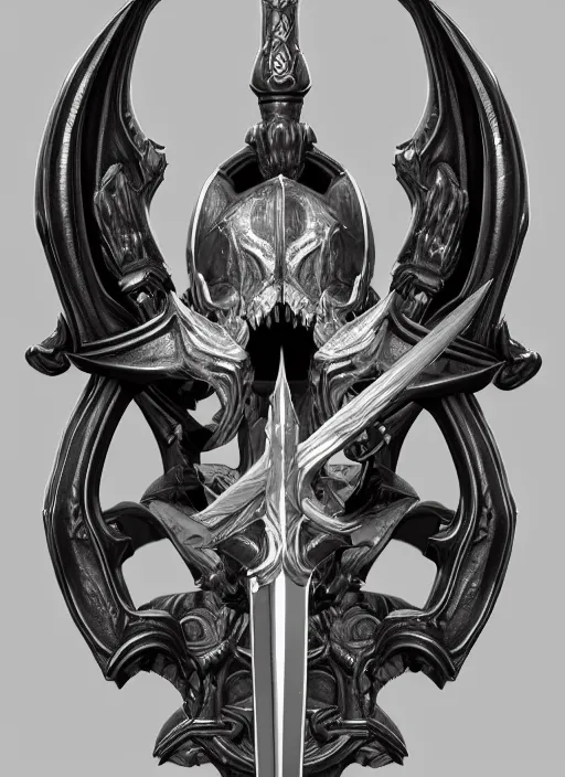 Image similar to a black and silver sword skull crest, orthographic, ornament, weapon, a 2 d render by dom qwek, front side, concept art, trending on polycount, artstation, hard surface modeling, rendered in maya, zbrush, hd, vray, blizzard, symmetry