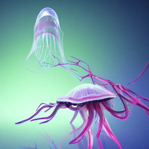 Prompt: side view a group of halitrephes maasai jellyfish growing form tree branch, robot, c 4 d, 8 k cleaning future, highly quality penetrating feeling bright light, cg, cyberpunk