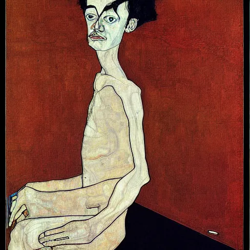 Image similar to painting of a man sitting at a grand piano, but not playing. he's looking into the void. by schiele