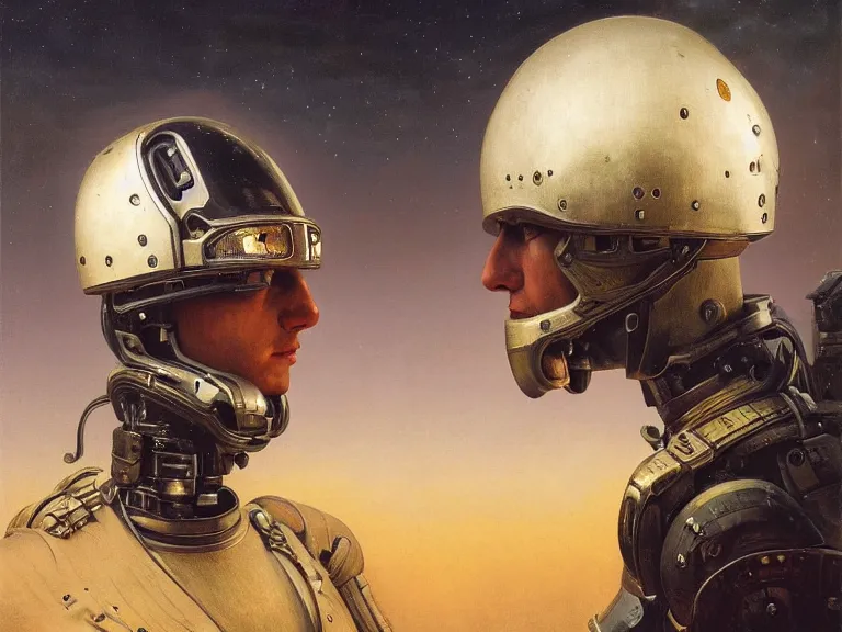 Image similar to a detailed profile oil painting of a humanoid soldier with reflective visor, flight suit, portrait symmetrical and science fiction dieselpunk theme with aurora lighting by beksinski carl spitzweg and tuomas korpi. baroque elements, full-length view. baroque element. intricate artwork by caravaggio. Trending on artstation. 8k