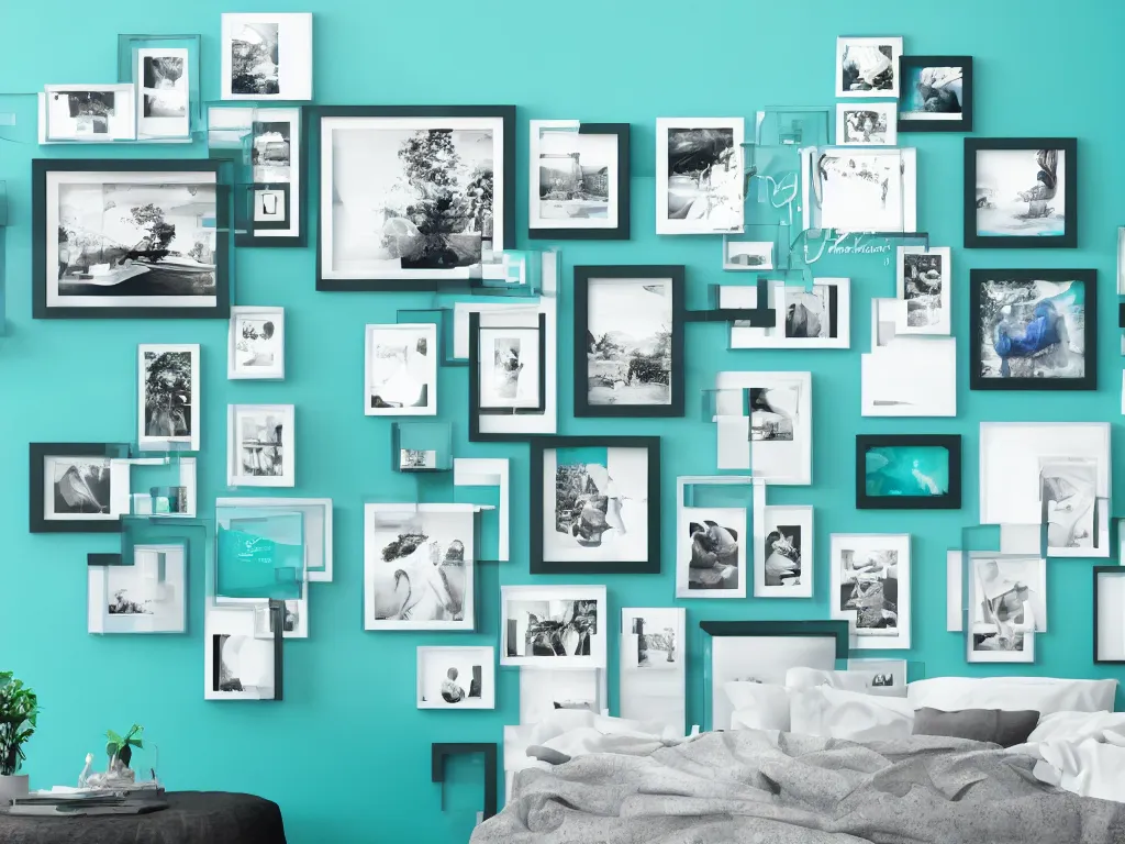 Prompt: Beautiful teal colored wall with photo frames, smooth volumetric lighting, low light room, photorealistic details, neon glowy edges, 4K, 8K