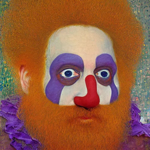 Image similar to detailing character concept portrait of clown by Gustav Klimt, on simple background, oil painting, middle close up composition