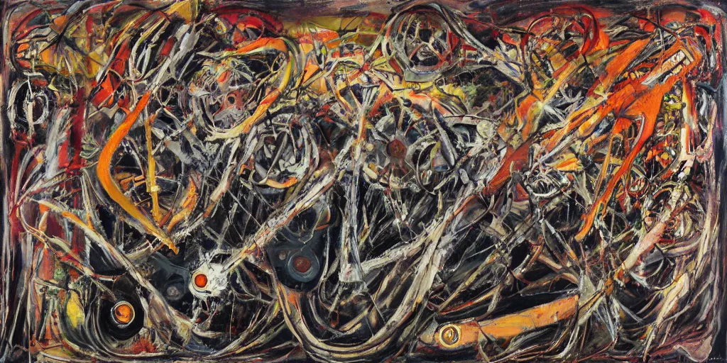 Image similar to biomechanical talisman of mania, power, confusion, madness by maggi mcdonald, jackson pollock, mark rothko, sabina klein