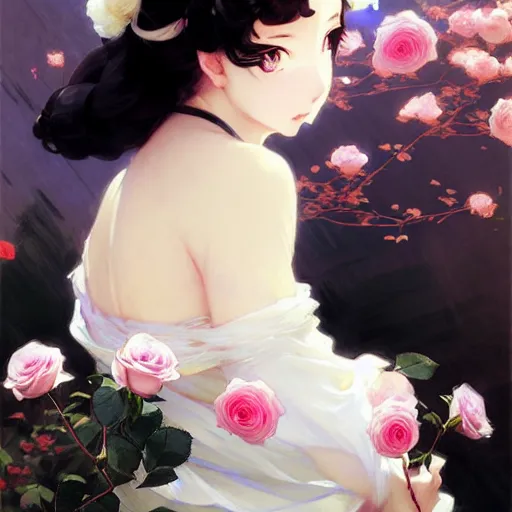 Image similar to beautiful rose anime white - hair girl in elegent black dress, laying on roses, krenz cushart, mucha, ghibli, by joaquin sorolla rhads leyendecker, by ohara koson