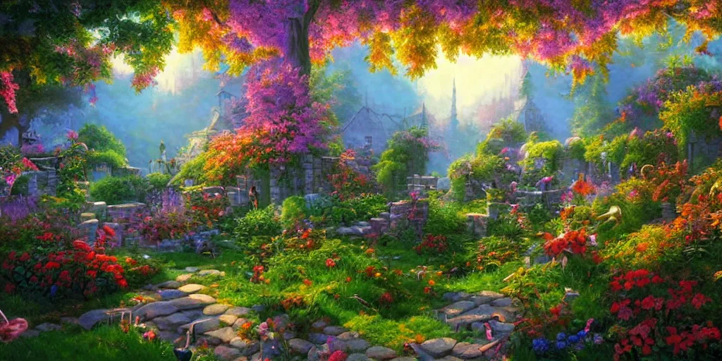Prompt: the garden of odin by Evgeny Lushpin, vibrant, scene, landscape, light