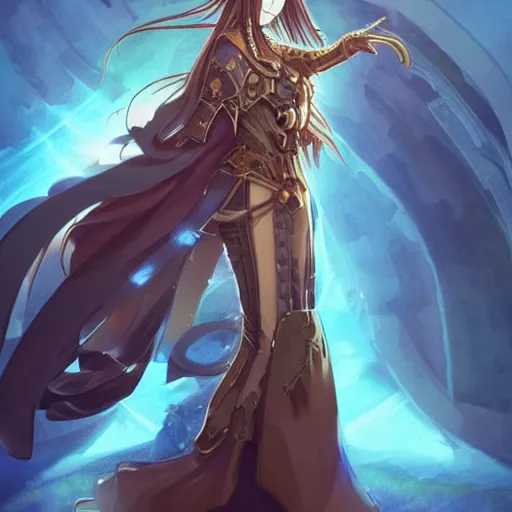 Image similar to “A detailed stunning and beautiful anime woman with brown flowing hair, long blue-cape, decorative leather armor, great proportions, golden ratio, excellent detail, surrounded by a catacomb of books, high quality, Full-body character portrait, trending on artstation, by rossdraws”