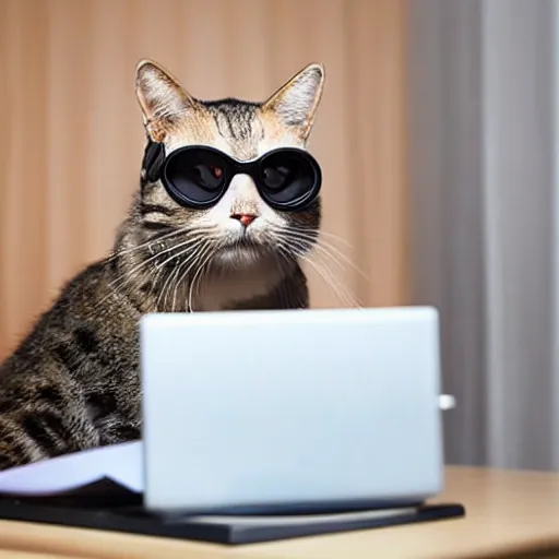 Prompt: a wide photo of a cat wearing glasses making an important phone call while sitting in front of its computer at its desk, funny actions, humor, weird cat, expressive cat, angry phone call to tec support