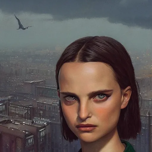 Image similar to closeup portrait of matilda from the movie leon the professional, natalie portman, city background, dramatic light, gorgeous view, depth, high detail, digital art, painted by greg rutkowski and seb mckinnon, by tim burton, trending on artstation