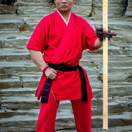 Prompt: man in red and white cloth holding a shing katana