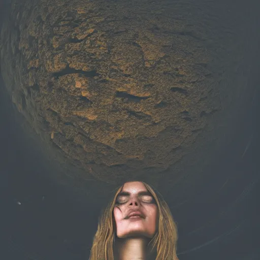 Prompt: Gorgeous woman sitting under a ginormous rock overhead, partially cupping her hands, holding it out to the camera, in a rainy environment, fisheye!!!!! lens!!!!!, rainy and wet atmosphere, closeup, dark and grim lighting, trending on artstation, 4k, 8k