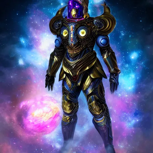 Prompt: photorealistic fantasy cosmic concept art of a cosmic god with armor made out of planets and dark matter, hovering in a unknown galaxy, fully body portrait, cinematic, dynamic lighting, ultra detailed, creative, trending on art station, stunning visuals, creative