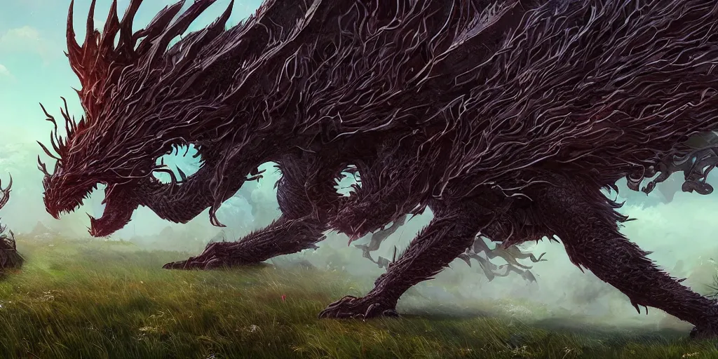Image similar to The guardian of the meadow, a terrible black dragon, mattepainting concept Blizzard pixar maya engine on stylized background splash comics global illumination lighting artstation by Feng Zhu and Loish and Laurie Greasley, Victo Ngai, Andreas Rocha, John Harris