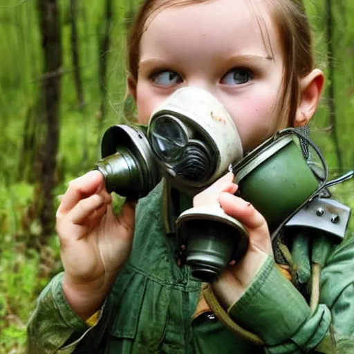 Image similar to thin little girl in a swamp wearing old gas mask. Water to her knees. Bayou. Dark Green forest. Foggy. Fireflies fly around