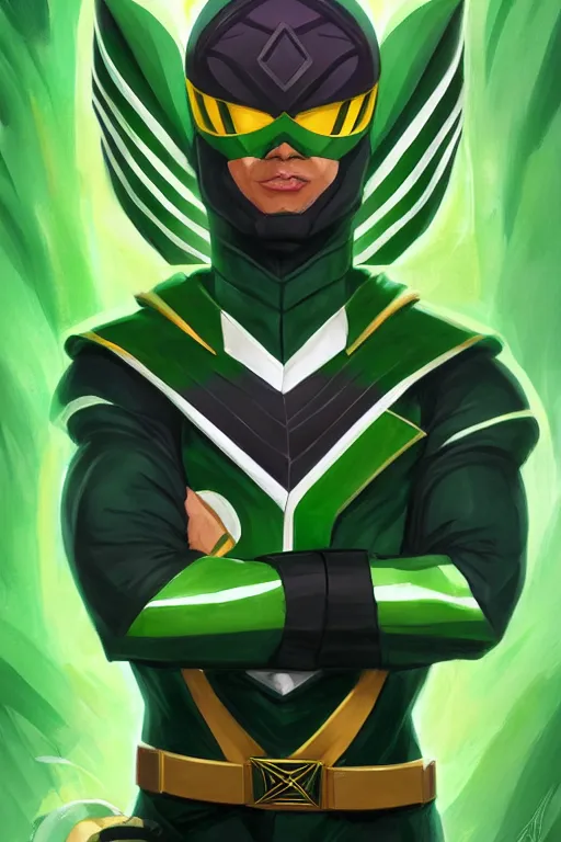 Image similar to portrait of green ranger, sharp focus, artstation, trending, by julie dillon, luis melo, tyler miles lockett, lei jin, hong lei, ken wong, adam narozanski, joy ang