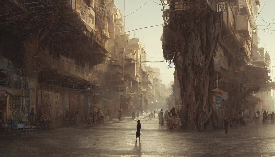 Prompt: jeddah city street, roshan, shops, a bright pharmacy, a nomad wearing a worn out coat, plants, old tree, dramatic lighting fantasy, sci fi, by caspar david friedrich by james gilleard and justin gerard, centered, artstation, smooth, sharp focus, photoreal octane render, by jean baptiste monge, gustave dore, deviantart