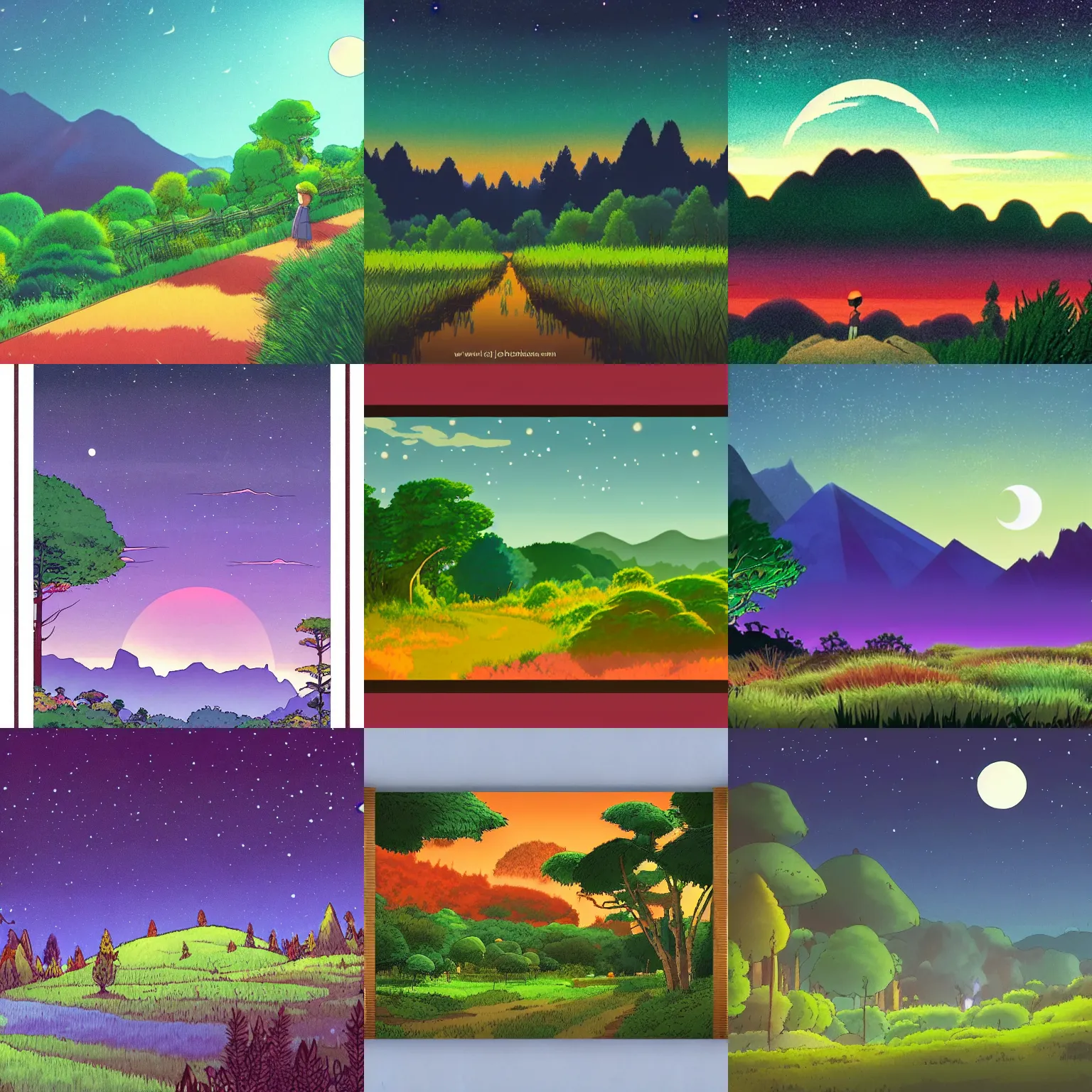 Prompt: a Pixar scene of a beautiful landscape at night with a forest and a field and mountains, colors from Studio Ghibli, detailed, dynamic, cinematic composition