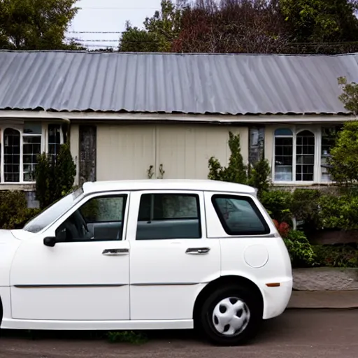 Image similar to a mid 2000s car with its doors replaced with white wooden doors