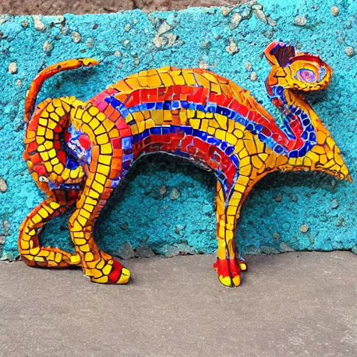 Prompt: mosaic sculpture of a alebrije chimera!!!, irregularly shaped mosaic tiles, hand glazed pottery shards, in the style of folk art, in a cottagecore flower garden