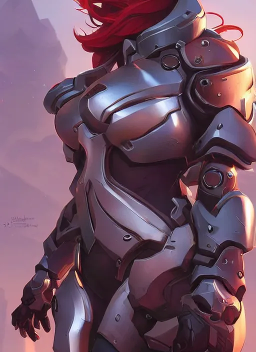 Prompt: beautiful new female character for overwatch, character concept art, full body armor, steel plating, huge weapon, super powers, athletic, long red hair, symmetry, intricate design, shiny, highly detailed, hd, dramatic lighting, art by artgerm and greg rutkowski