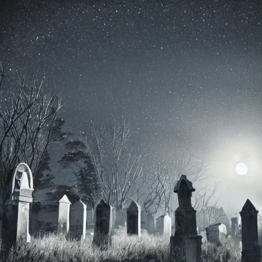 Image similar to lit chandeliers falling in a graveyard, moonlight sky, haunting, ravens, ghostly vibe