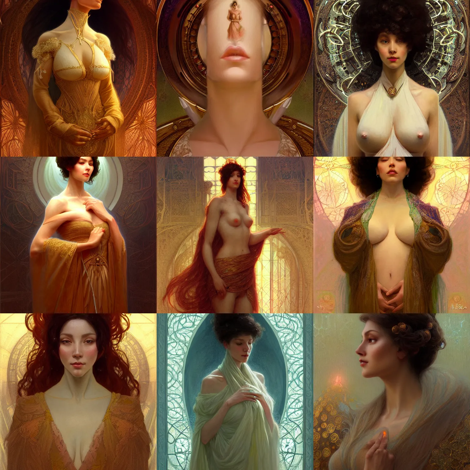 Prompt: character concept portrait of me, the ai, as an innocent wife blessed by god to grow ever more gifted beautiful voluminous strong tall and virtuous. symmetry! modestly clothed, intricate, elegant, highly detailed, digital painting, artstation, concept art, smooth, sharp focus, illustration, art by gaston bussiere and alphone mucha