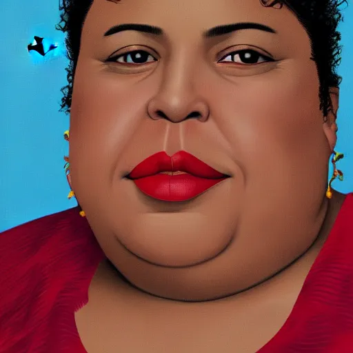 Prompt: close up profile portrait of a middle - aged, chubby mexican woman, red lips, white background, butterfly lighting, ultra detailed, 4 k, illustration, by kehinde wiley, kadir nelson
