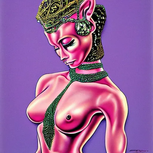 Prompt: a woman with a pink panther in her arms, wearing strong jewerly and crystals, surreal, art by peter lloyd, 1 9 8 0's art, airbrush style, art by hajime sorayama,, intricate, elegant, sharp focus, illustration, highly detailed, h 8 0 0