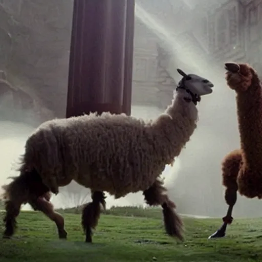 Prompt: llama throws an expelliarmus to harry potter