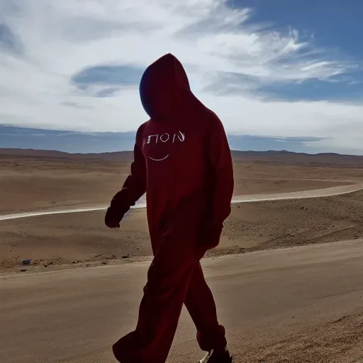 Image similar to elon musk as a hooded traveler in the desert