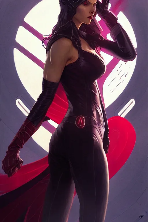 Image similar to gta scarlet witch as aeon flux profile picture by greg rutkowski, dynamic pose, intricate, futuristic, fantasy, elegant, by stanley artgerm lau, greg rutkowski, thomas kindkade, alphonse mucha, loish, norman rockwell, fantasy lut, asymmetric, long hair, retro computer graphics, video game, fluid lines,