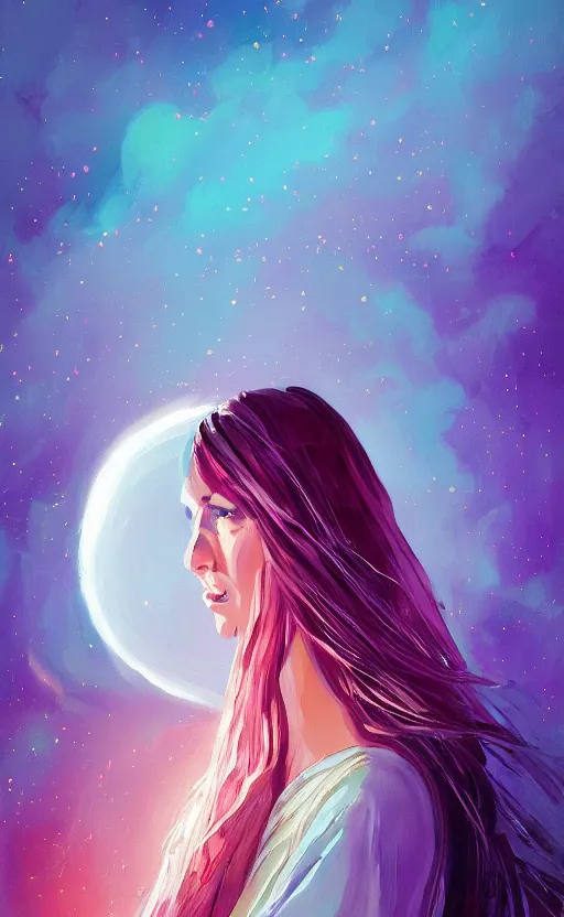 Image similar to a beautiful painting portrait of galadriel beautiful and fair skin, art of alena aenami, featured on artstation, vertical orientation, paint brush strokes, expressionism, brushstroke - laden, breathtaking clouds, birds, ocean, beautiful stars, long exposure, big moon radius, airy midnight theme, blue purple gradient, lens flare