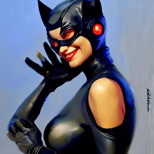 Image similar to Greg Manchess portrait painting of Catwoman as Overwatch character, medium shot, asymmetrical, profile picture, Organic Painting, sunny day, Matte Painting, bold shapes, hard edges, street art, trending on artstation, by Huang Guangjian and Gil Elvgren and Sachin Teng