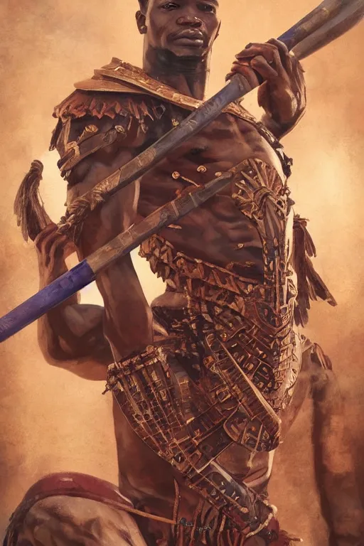 Prompt: ogun with a great spear, African warrior deity with tribal marking and golden armor, orisha God hunters and craftsmen, strong masculine features, menacing cinematic mid portrait, digital illustration, octane render trending on arstation by artgerm, raphaelite and mucha