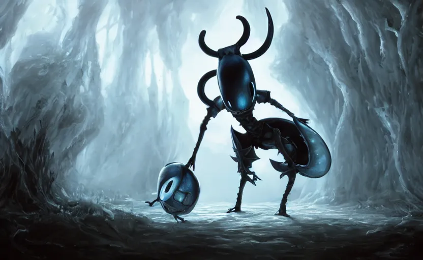 Image similar to an oil painting of Hollow knight, masterpiece, highly detailed, high quality, 4K, anatomically correct, hyperrealistic, concept art, octane render, unreal engine 5, trending on Artstation, trending on DeviantArt, matte, historical painting, fantasy style, path traced, high coherence, soft lighting, digital painting, mythical