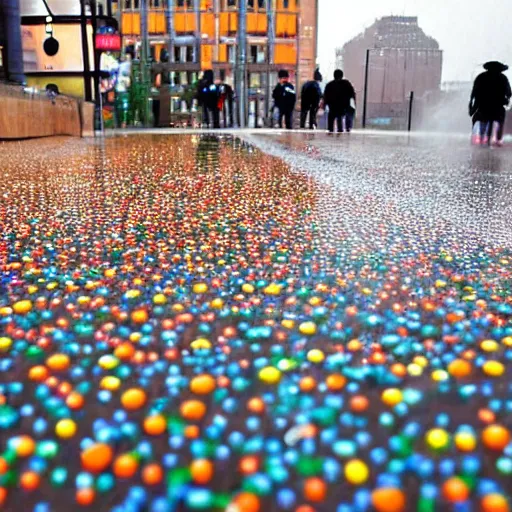 Prompt: doughnut rain over a city. the rain drops are tiny doughnut. many doughnut accumulated on the streets and a lot falling from the sky