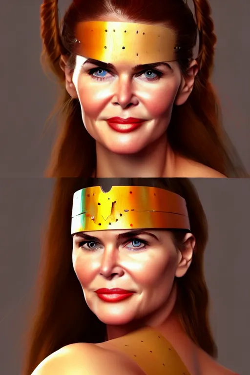 Image similar to mix of beautiful young maria shriver, mariel hemmingway, brooke shields, nicole kidman and elle macpherson as a young amazon warrior, thin lips, hair tied up in a pony tail, dark blonde hair, colorful, artstation, cgsociety