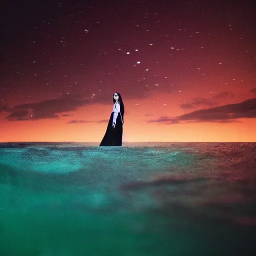 Image similar to lorde with a velvet crown and black gown standing on a raised translucent platform in the middle of the sea, night time with milky way in the sky. cinematic, 3 5 mm film, sharpness, nostalgic and melancholic 4 k, 8 k