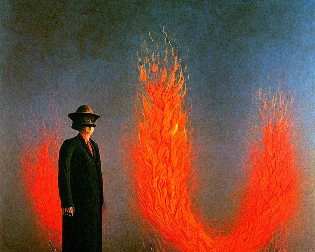 Prompt: fire painting by magritte and beksinski.