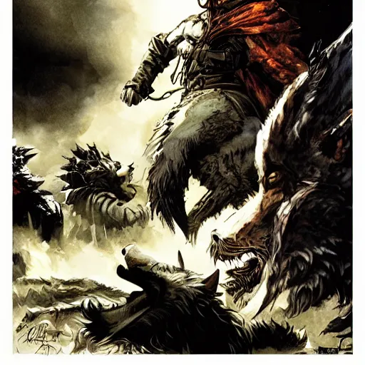 Image similar to king of the wolves. By Travis Charest, James Gurney, and Ashley Wood. dramatic lighting. Magic the gathering. digital painting.